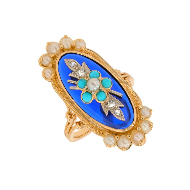 Acheter Bague ancienne émail, diamants, turquoises et perles or jaune 9.05g Comme neuf - 2500,00 € Bague ancienne émail, diamants, turquoises et perles or jaune 9.05g Comme neuf - reconditionné disponible sur Gemme Les Bijoux